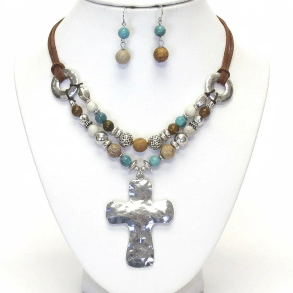 Womens  Hammered Metal Cross Beaded Cord Necklace‎ Earring Set